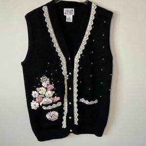 Vintage Button Front Sweater Vest Lace Ribbon Floral Cottagecore Size L